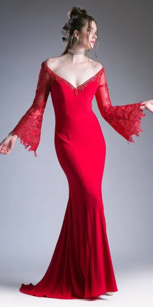 Cinderella Divine 71272 Fitted Stretch Jersey Dress Lace Bell Sleeves