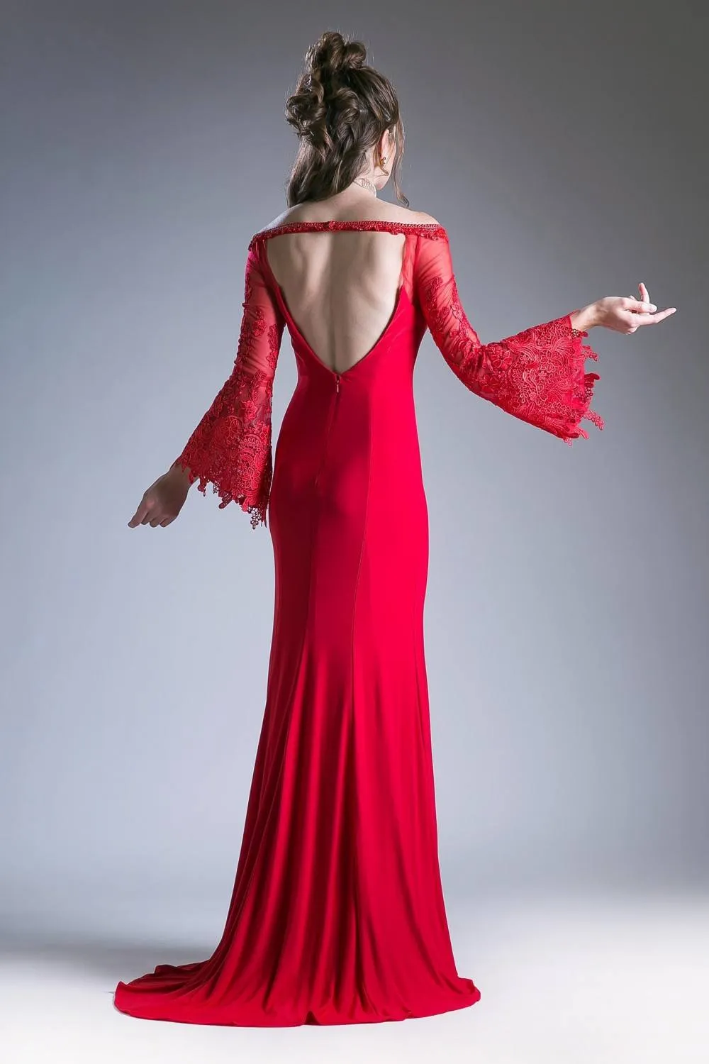 Cinderella Divine 71272 Fitted Stretch Jersey Dress Lace Bell Sleeves