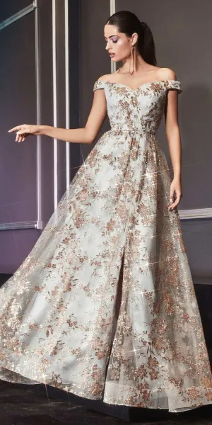 Cinderella Divine CB069 A-Line Glitter Print Dress Off The Shoulder