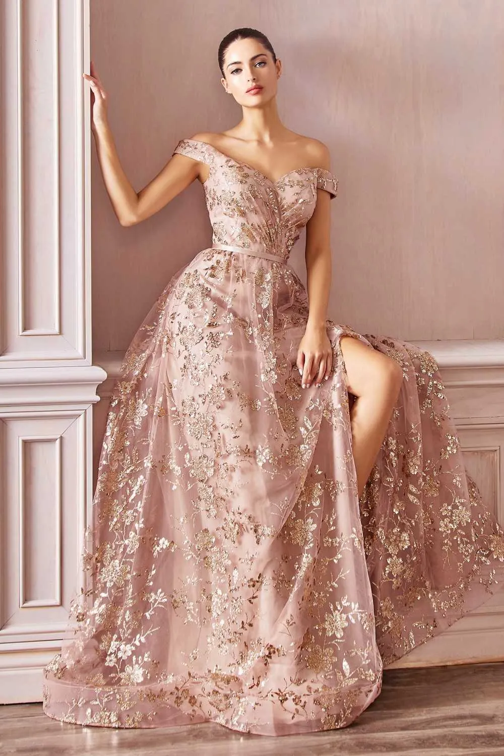 Cinderella Divine CB069 A-Line Glitter Print Dress Off The Shoulder
