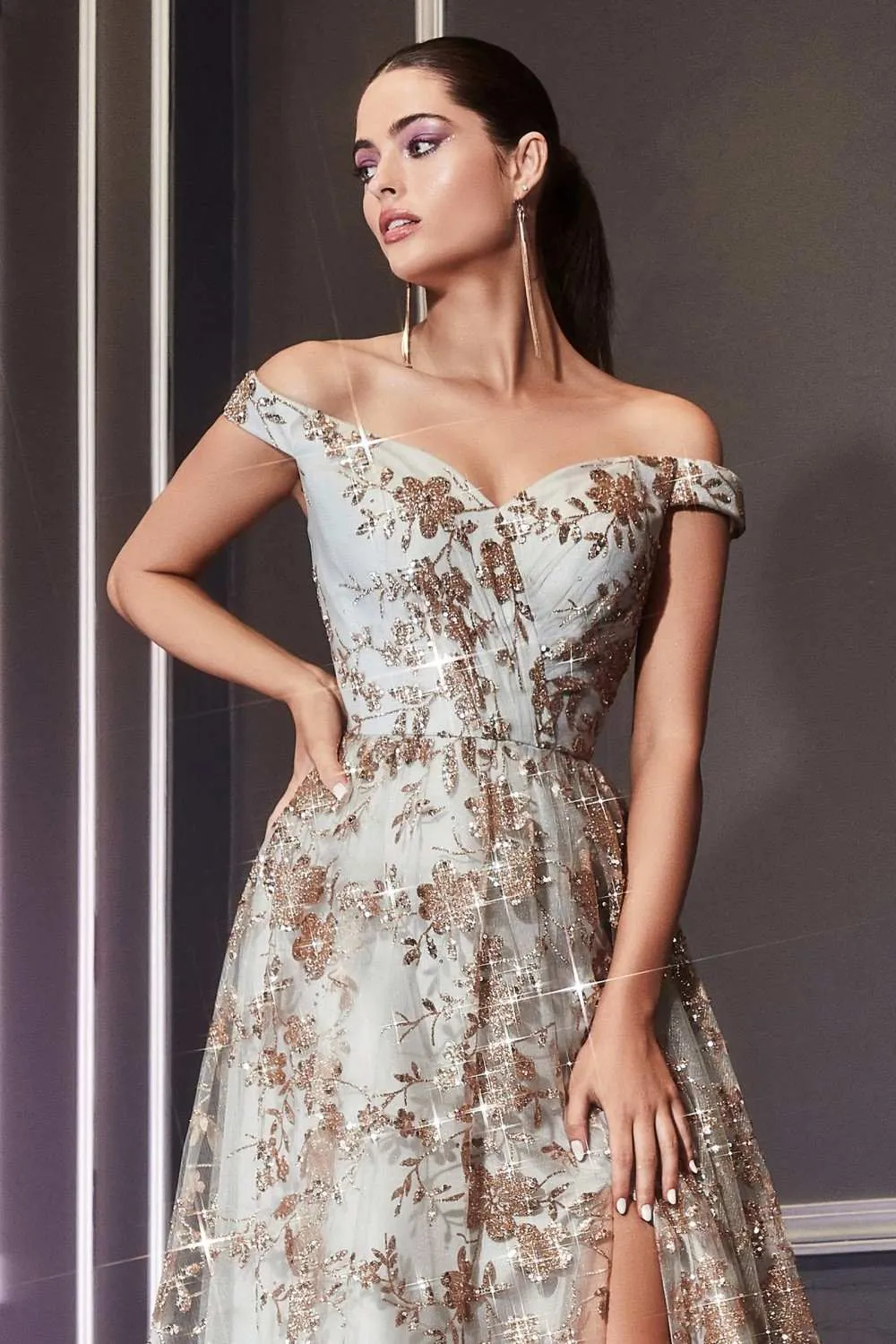 Cinderella Divine CB069 A-Line Glitter Print Dress Off The Shoulder
