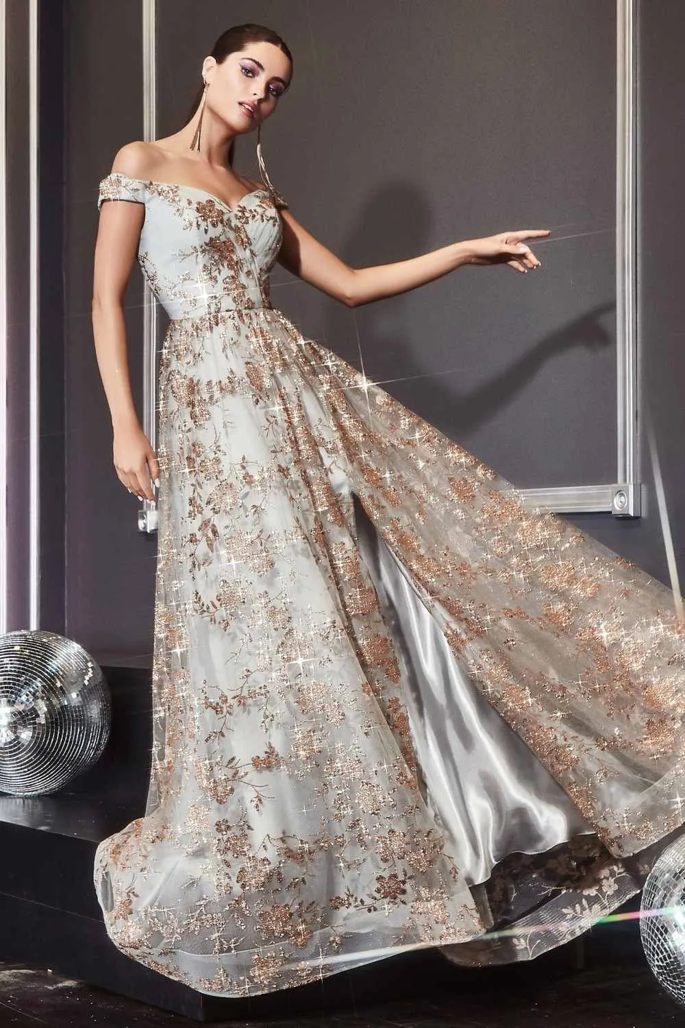 Cinderella Divine CB069 A-Line Glitter Print Dress Off The Shoulder