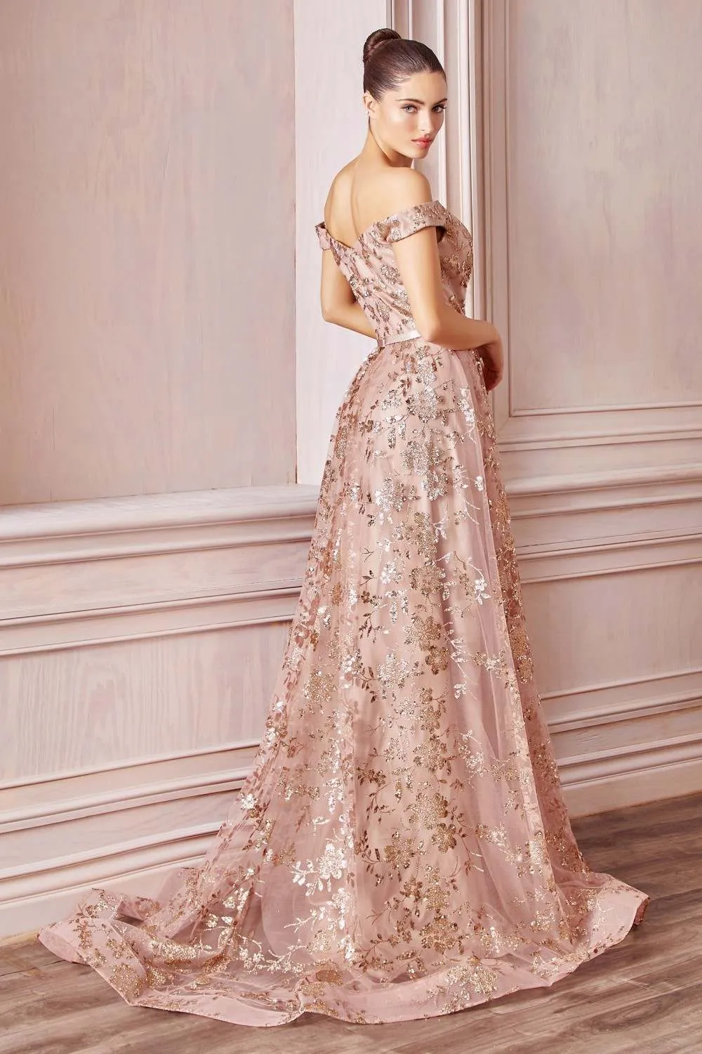 Cinderella Divine CB069 A-Line Glitter Print Dress Off The Shoulder