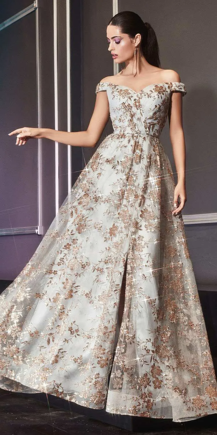 Cinderella Divine CB069 A-Line Glitter Print Dress Off The Shoulder