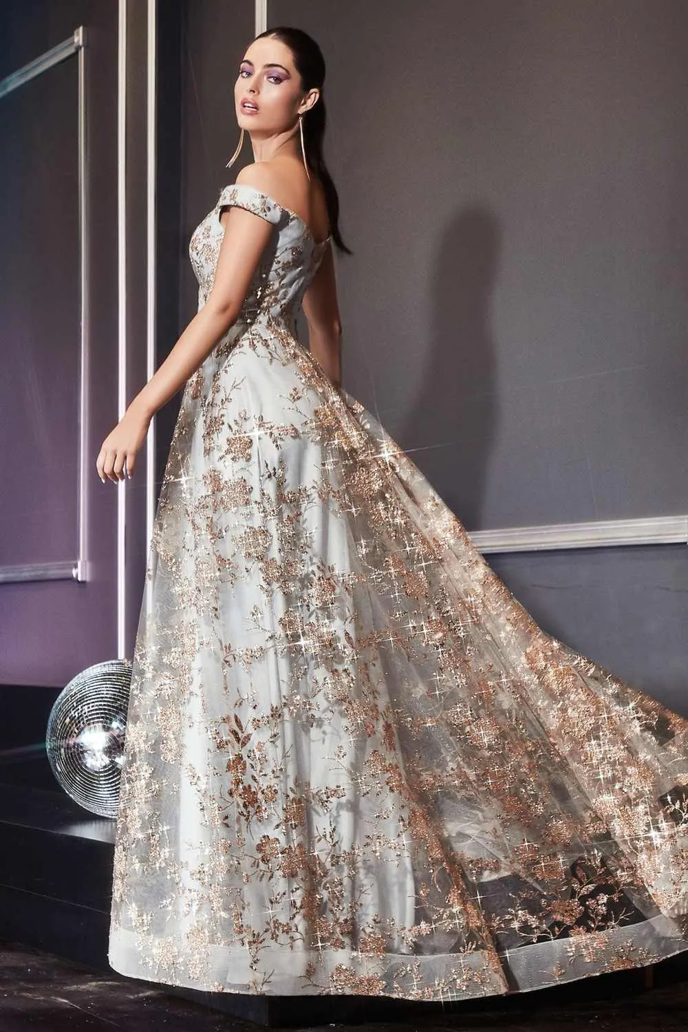 Cinderella Divine CB069 A-Line Glitter Print Dress Off The Shoulder