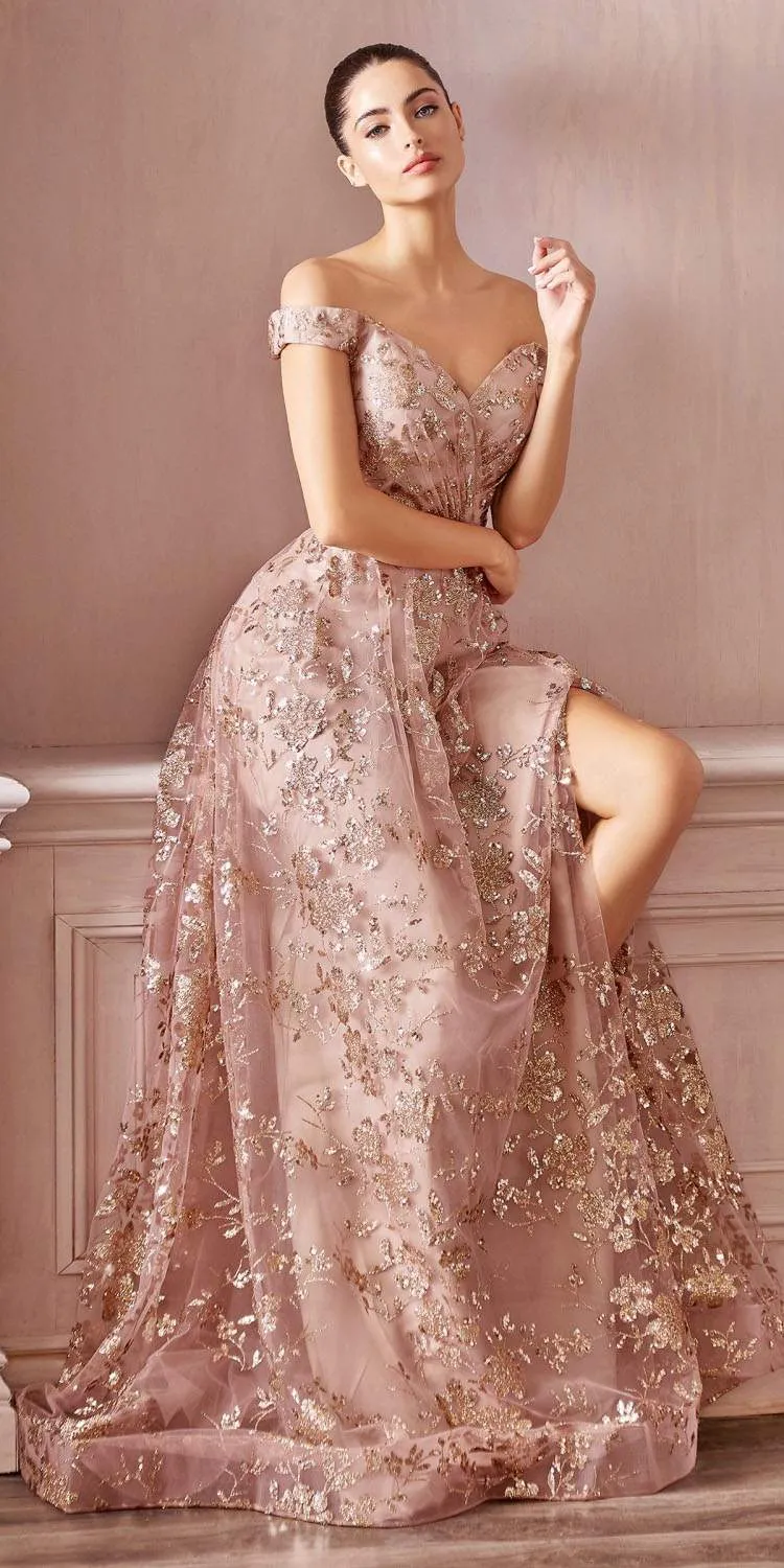 Cinderella Divine CB069 A-Line Glitter Print Dress Off The Shoulder