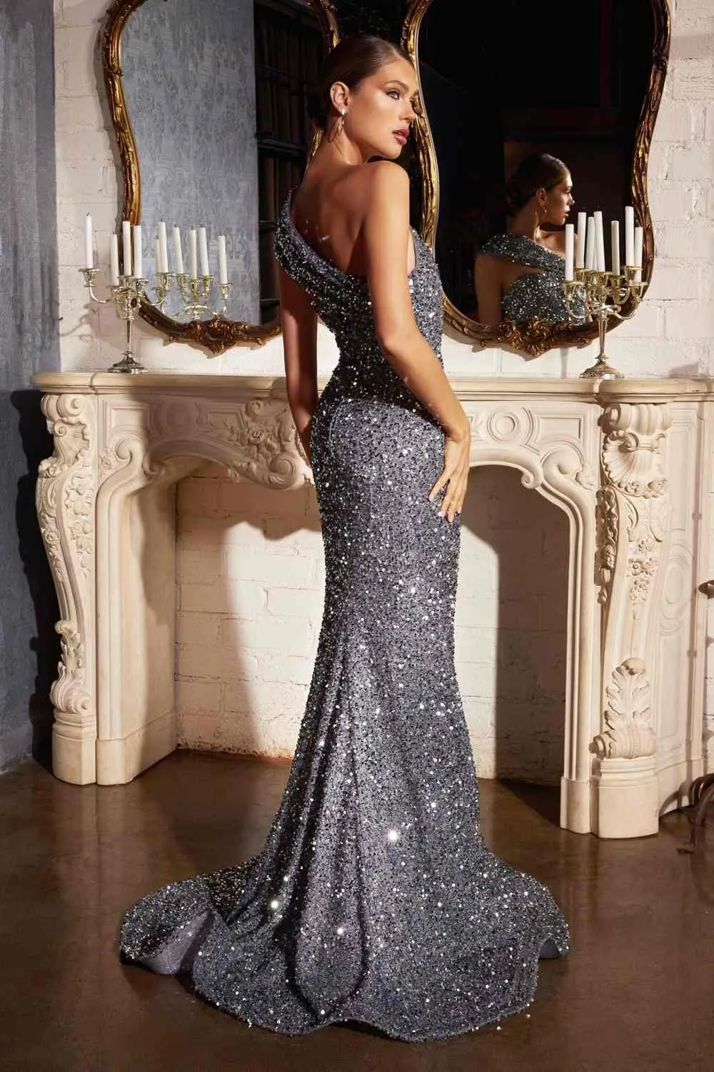 Cinderella Divine CD980 Long Off the One Shoulder Sequins Gown