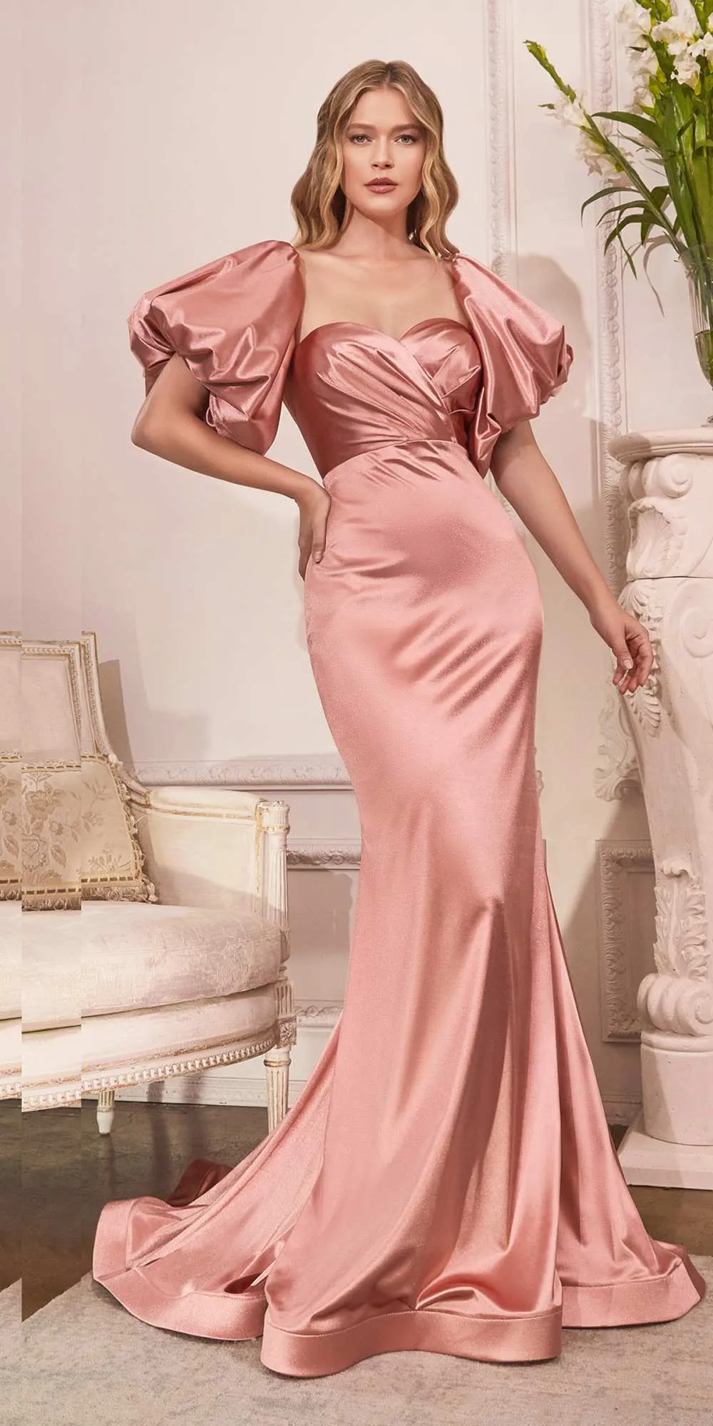 Cinderella Divine CD983 Long Fitted Satin Gown with Puff Sleeve