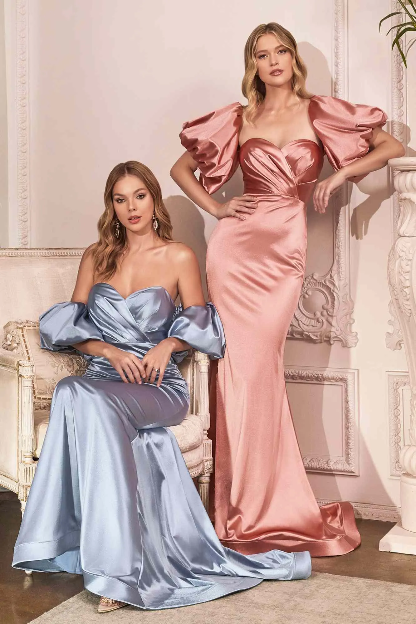 Cinderella Divine CD983 Long Fitted Satin Gown with Puff Sleeve