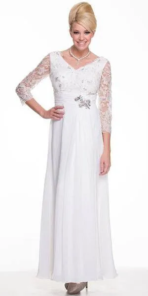 CLEARANCE - Juliet 513 Modest Long Formal Dress Lace Sleeves Mid Length V-Neck (Size S)