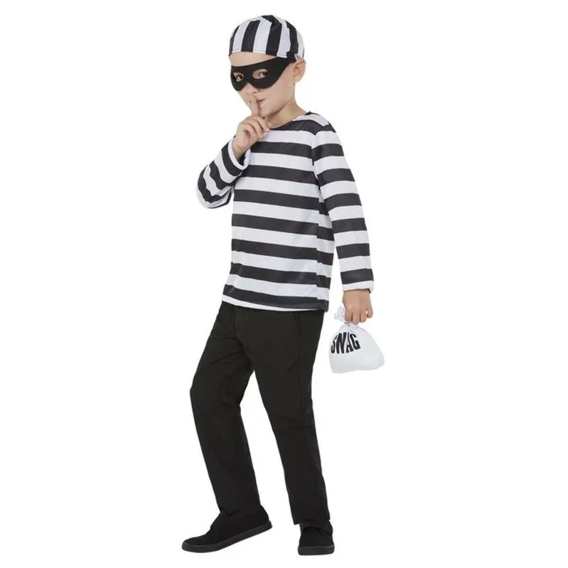 Convict Costume, Black & White, Eyemask, Hat & Swag Bag
