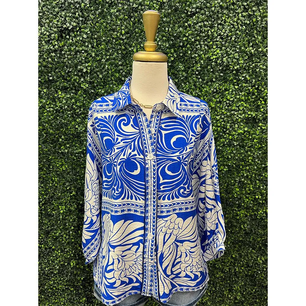 Corina Cobalt  Marble Button Down Top
