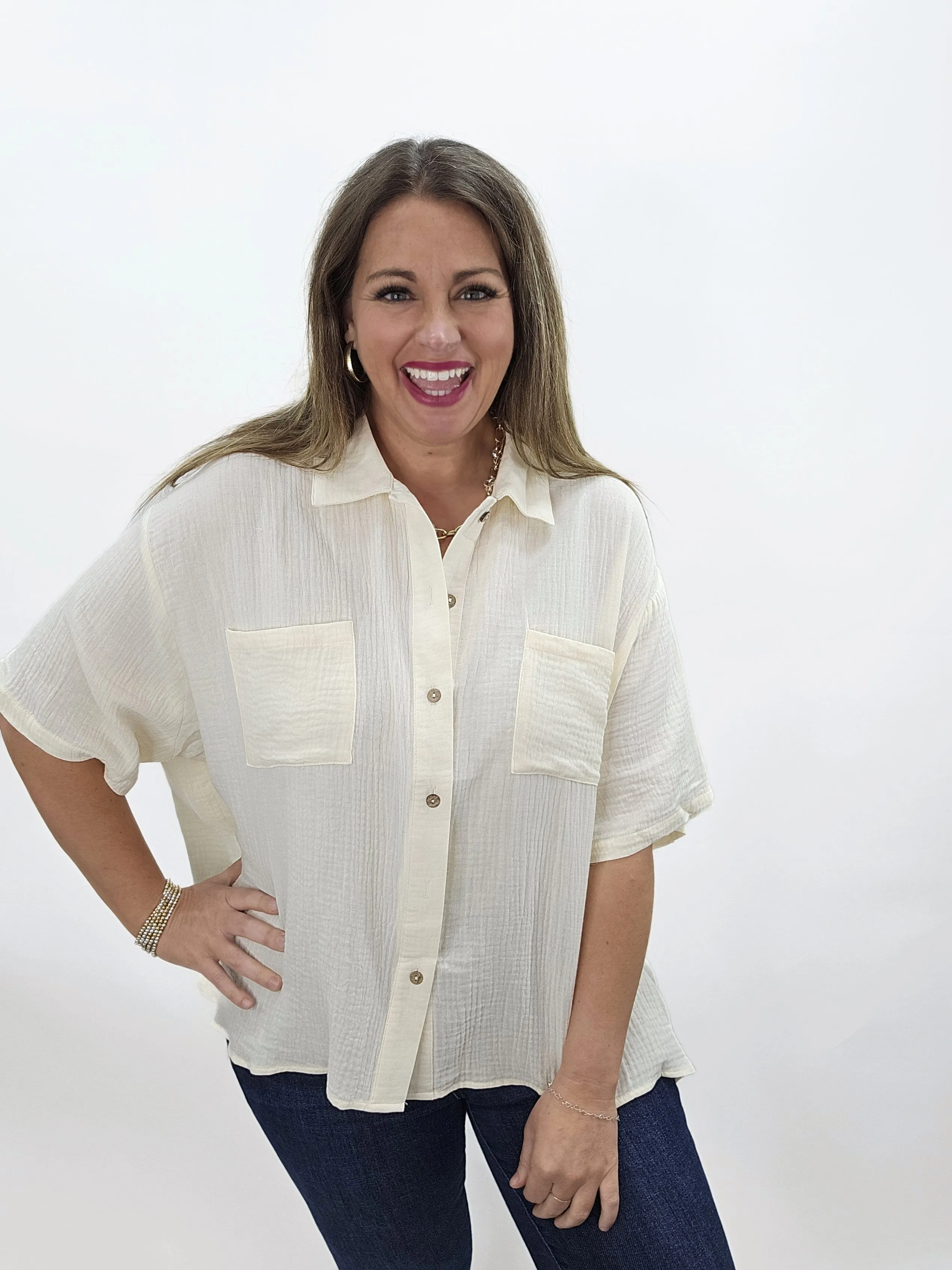 CREAM OVERSIZED BUTTON DOWN COTTON GAUZE TOP