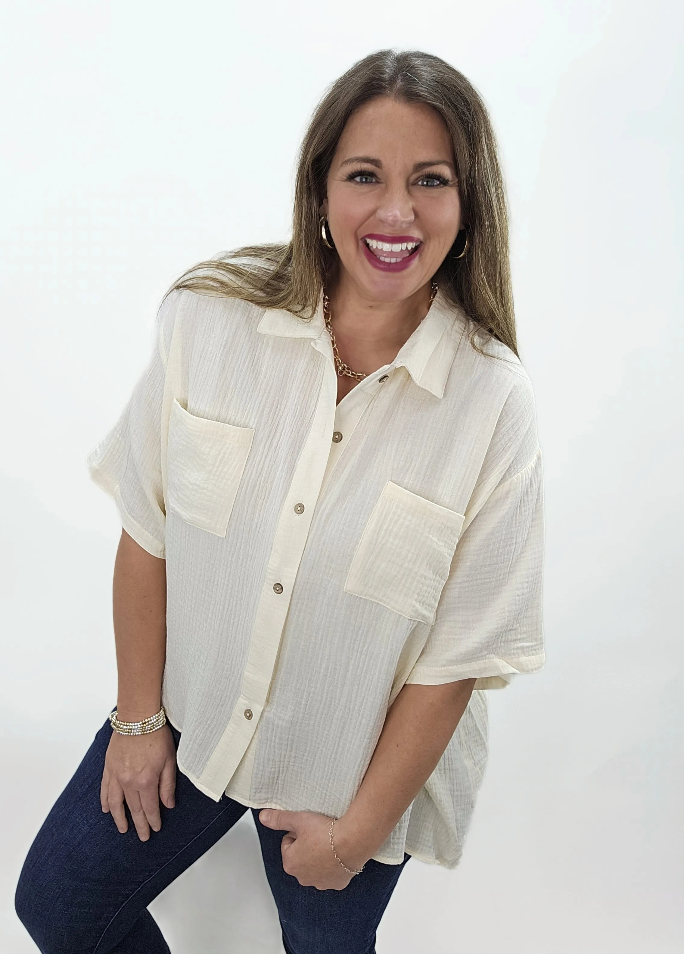 CREAM OVERSIZED BUTTON DOWN COTTON GAUZE TOP