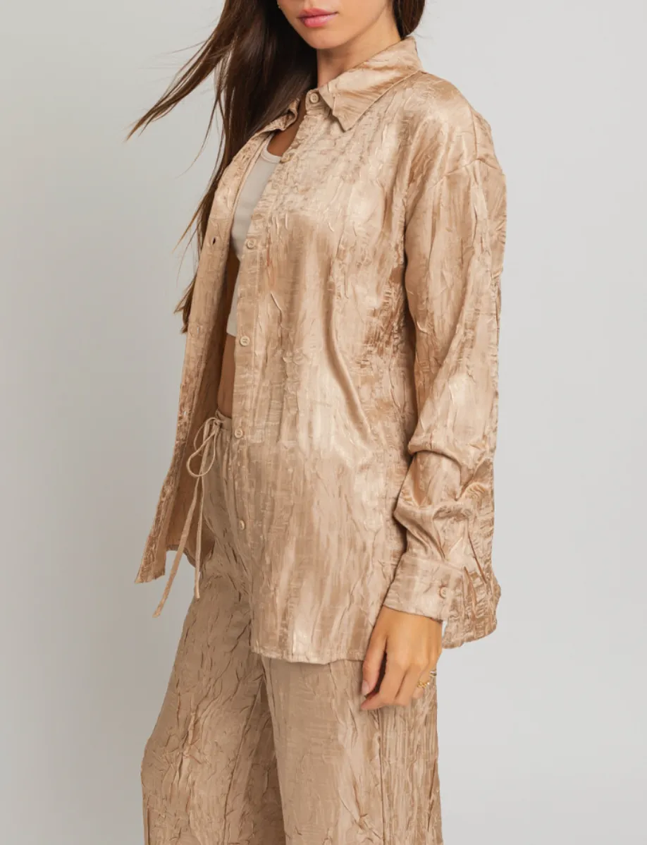 Crinkle Button Down Tie Waist Top