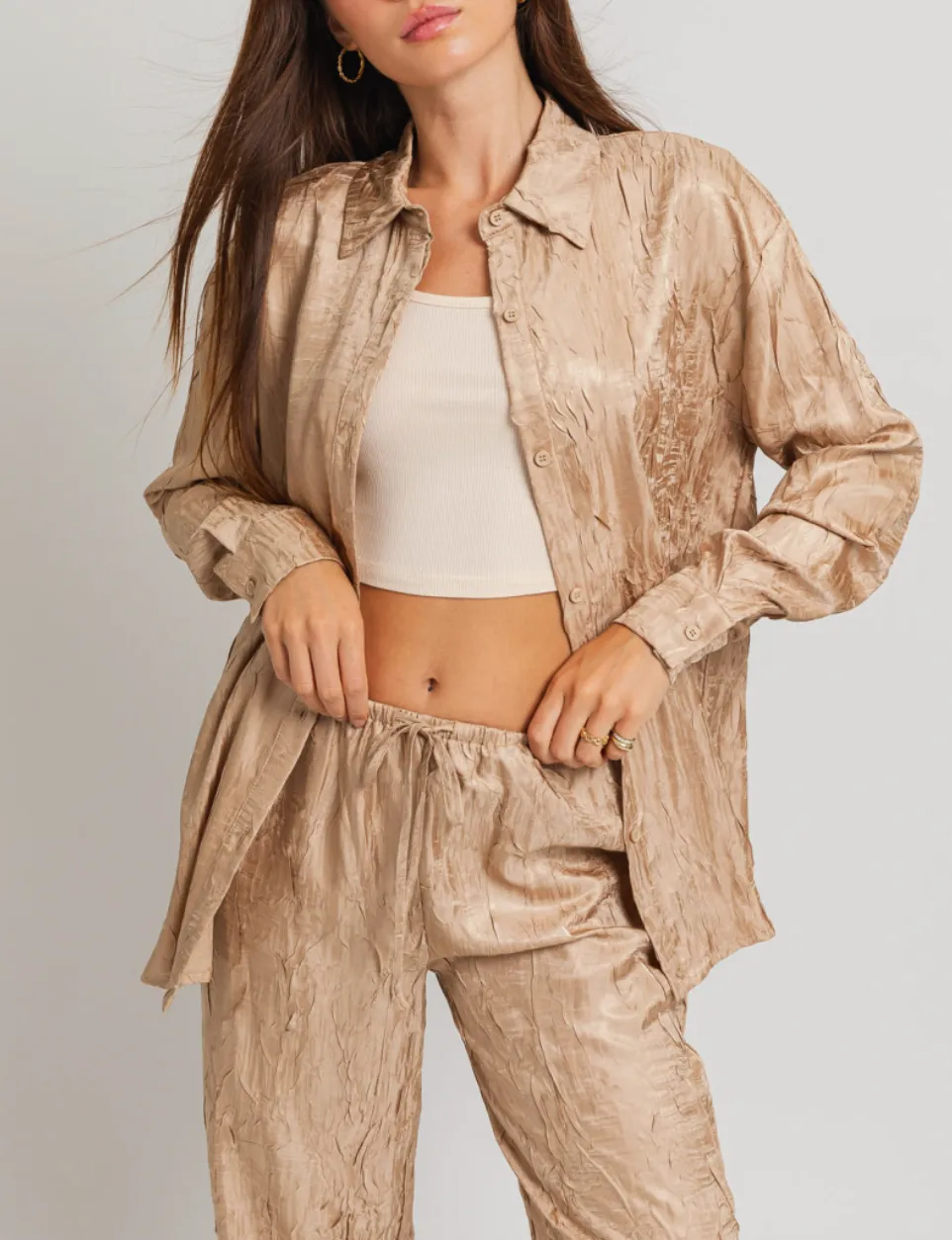 Crinkle Button Down Tie Waist Top