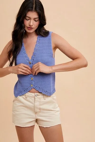 CROCHET TRIM BUTTON DOWN SWEATER VEST