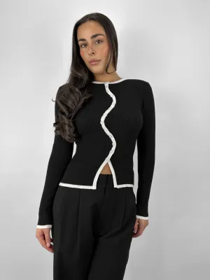 Curved Contrast Button Down Cardigan