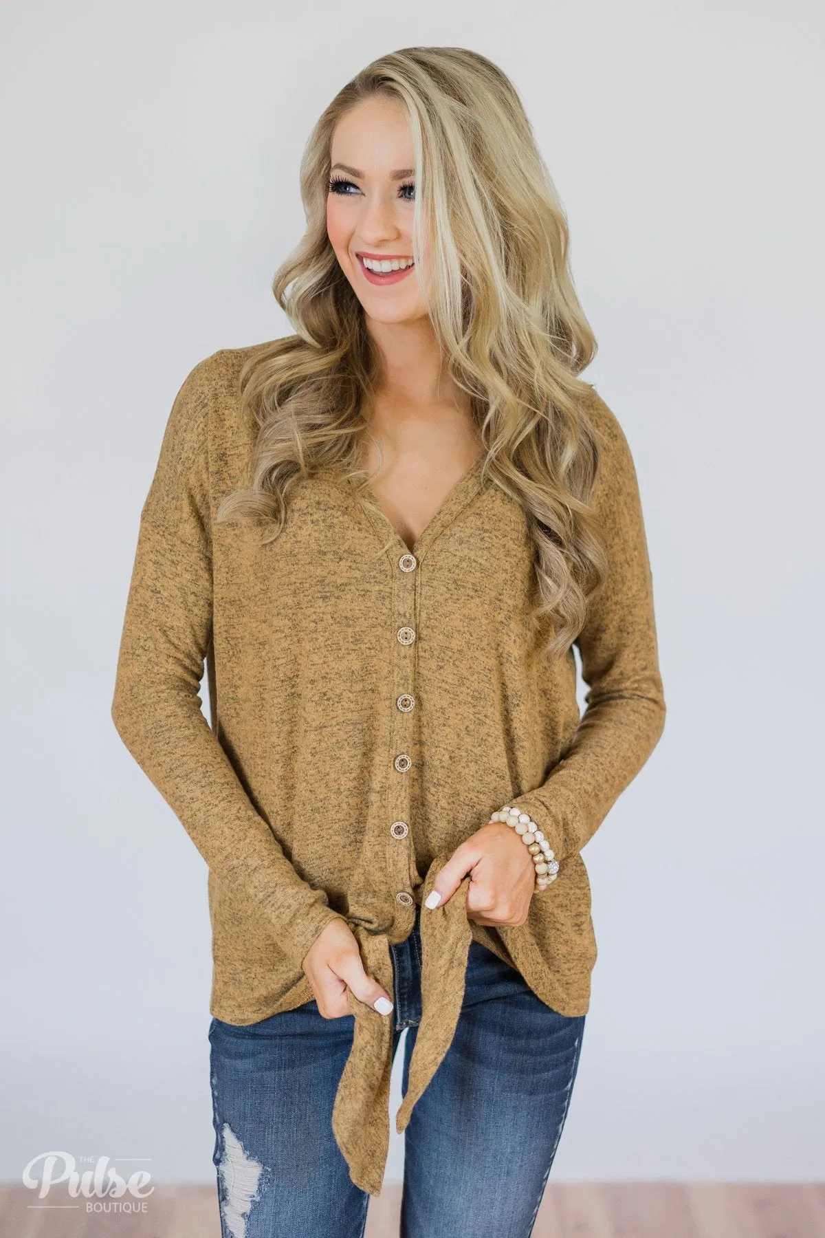 Dearly Loved Button Down Top- Heathered Mustard