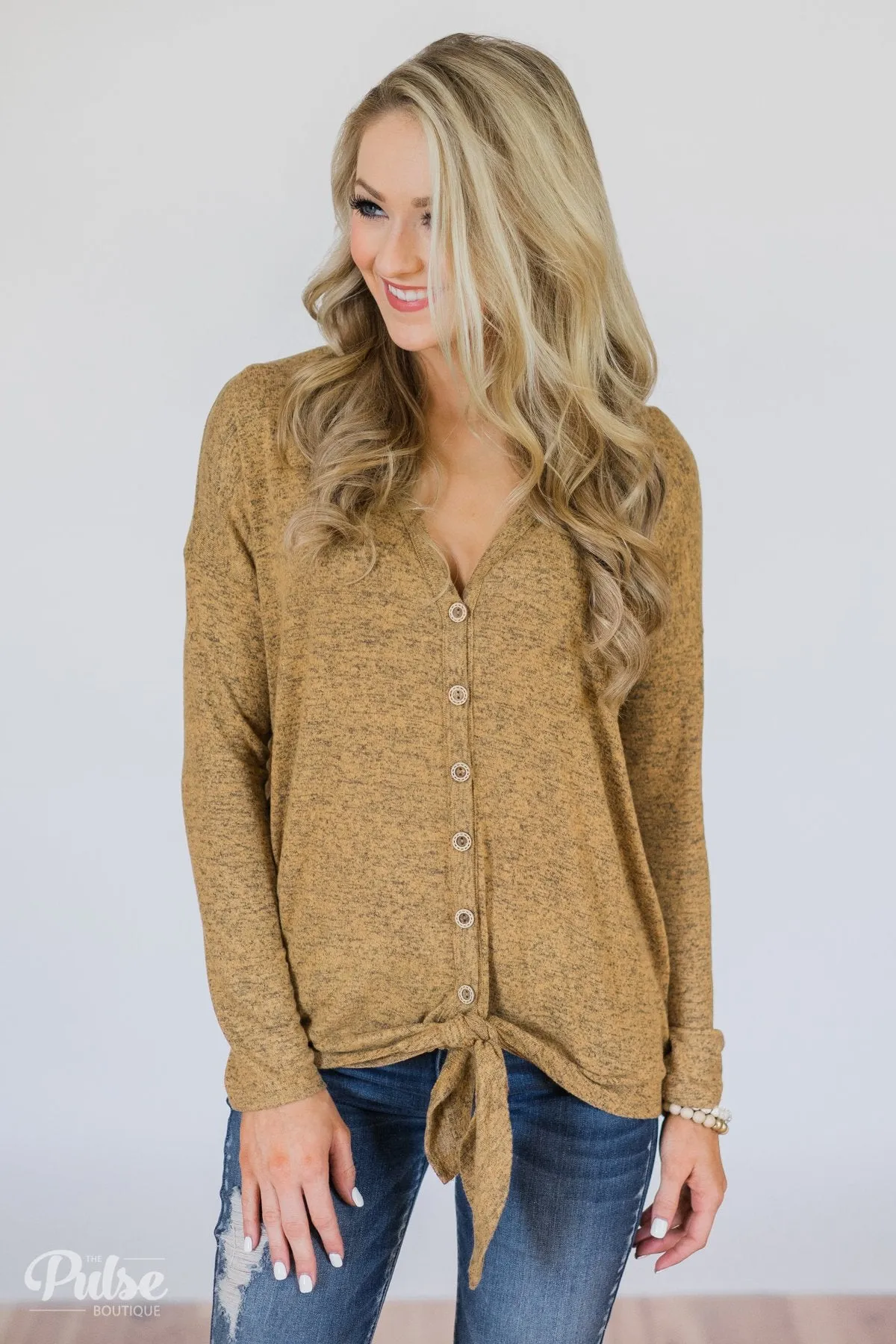Dearly Loved Button Down Top- Heathered Mustard