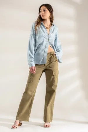 Denim Chambray Stripe Button Down Shacket