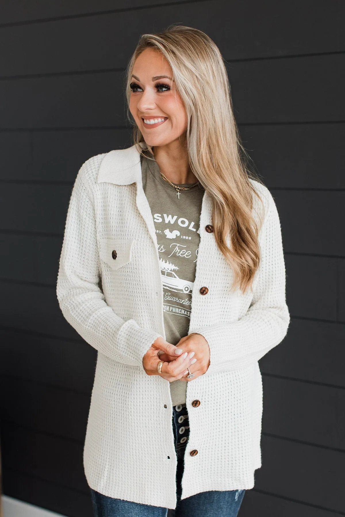 Don't Be Fooled Waffle Knit Button Top- Ivory