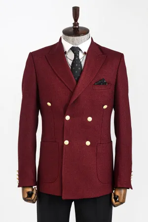 Double Breasted Slim Fit Burgundy Men Blazer - Wessi