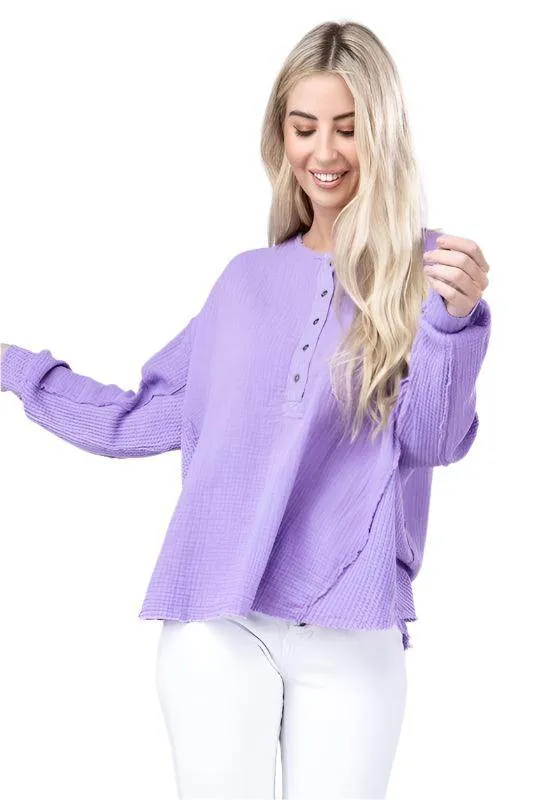 Double Gauze Oversized 3/4 Button Henley Neck Top