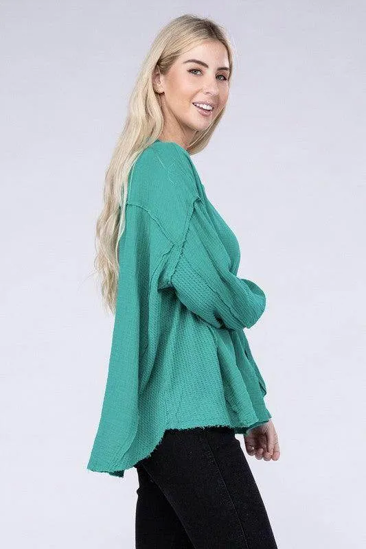 Double Gauze Oversized 3/4 Button Henley Neck Top