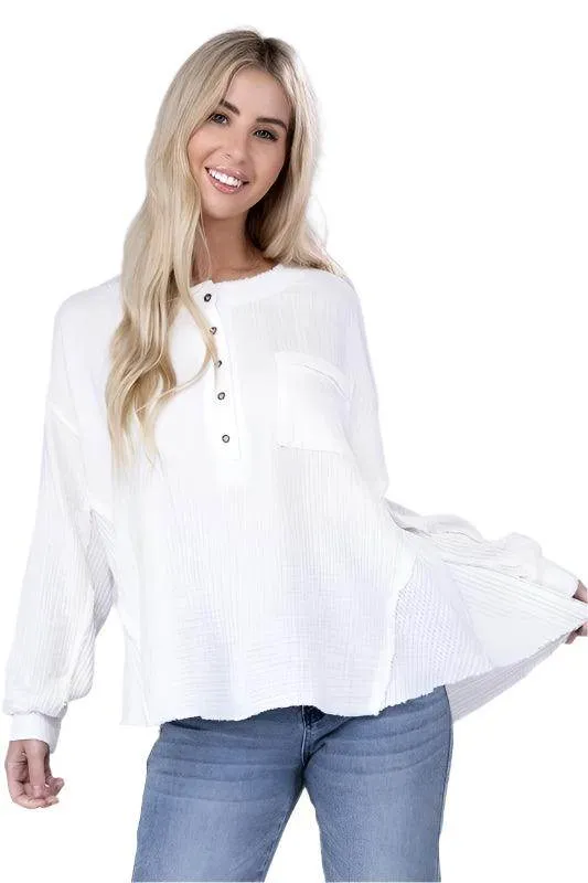 Double Gauze Oversized 3/4 Button Henley Neck Top