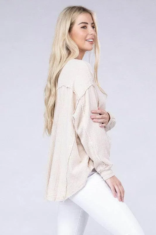 Double Gauze Oversized 3/4 Button Henley Neck Top