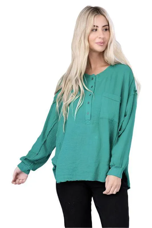 Double Gauze Oversized 3/4 Button Henley Neck Top