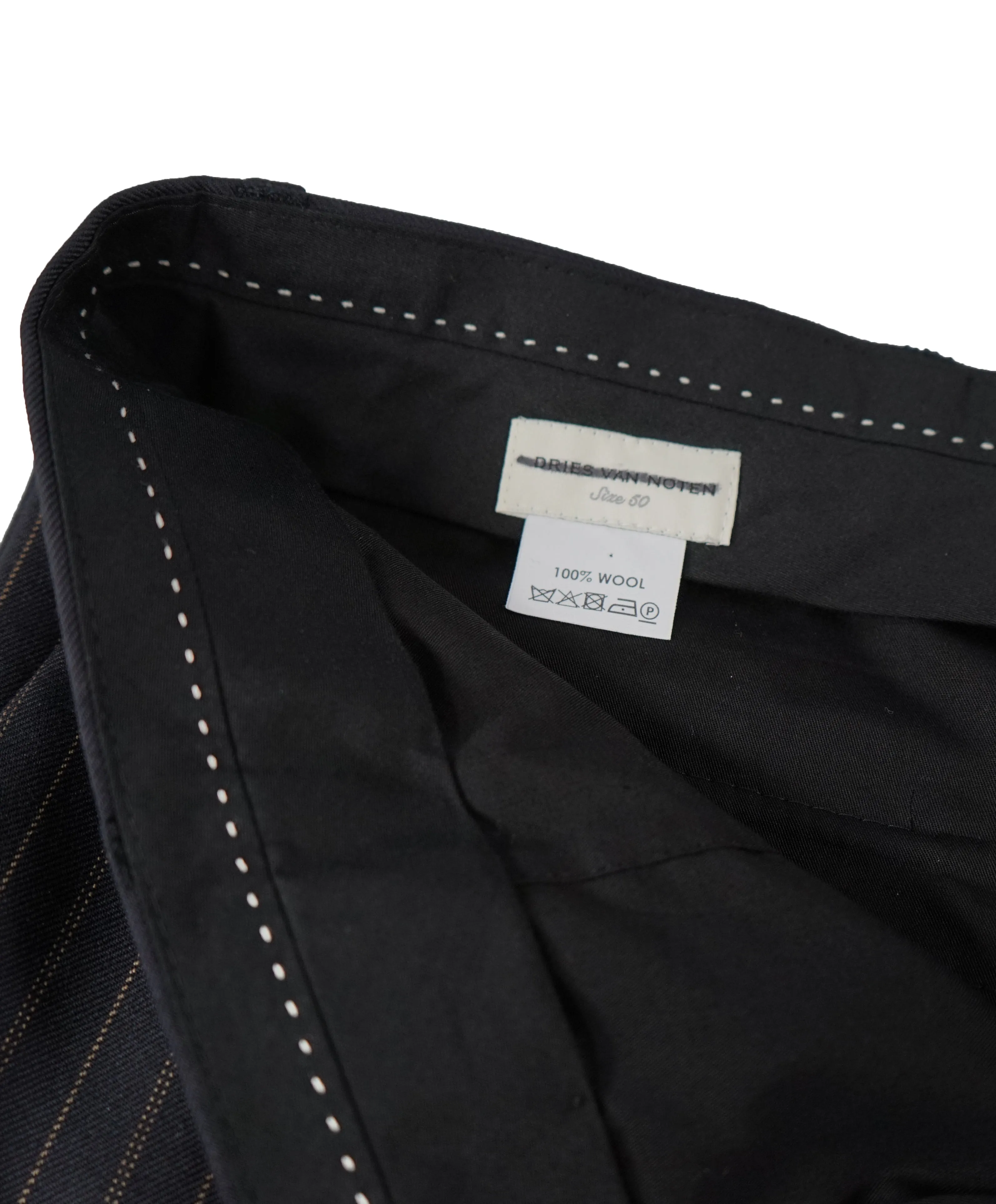 DRIES VAN NOTEN - Navy & Orange Stripe Wool Flat Front Dress Pants - 34W