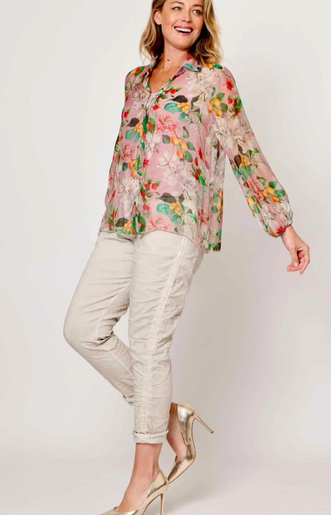 Dusty Pink/Green Floral Silk Top