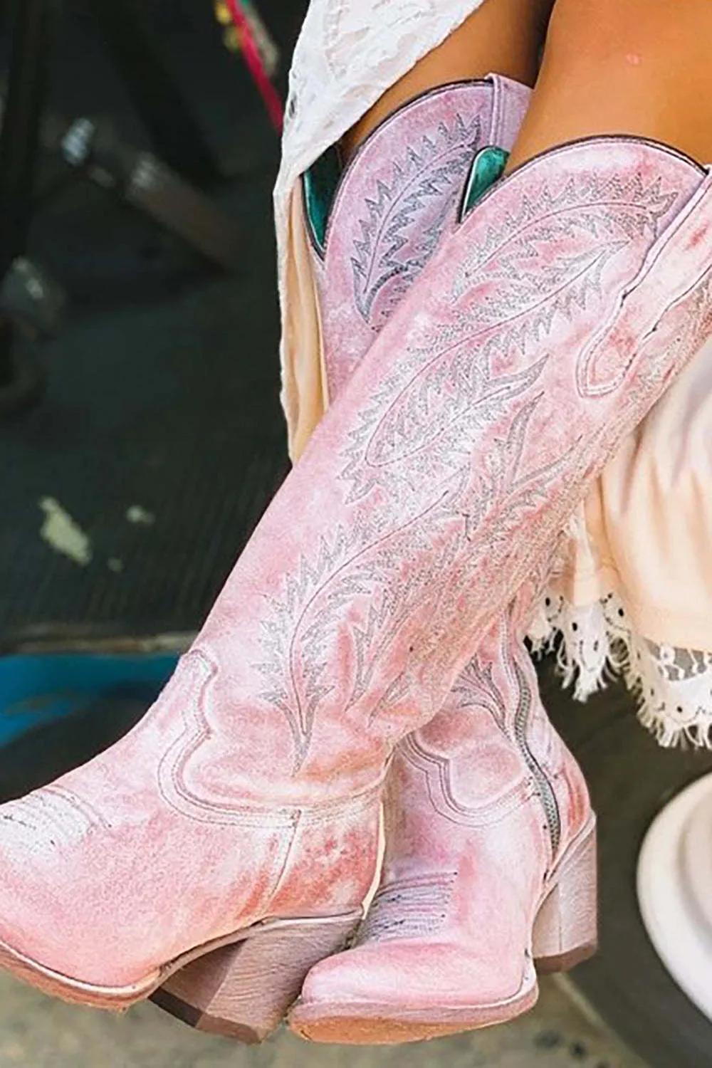Dusty Rose Embroidered Boho Calf Cowgirl Mid Boots