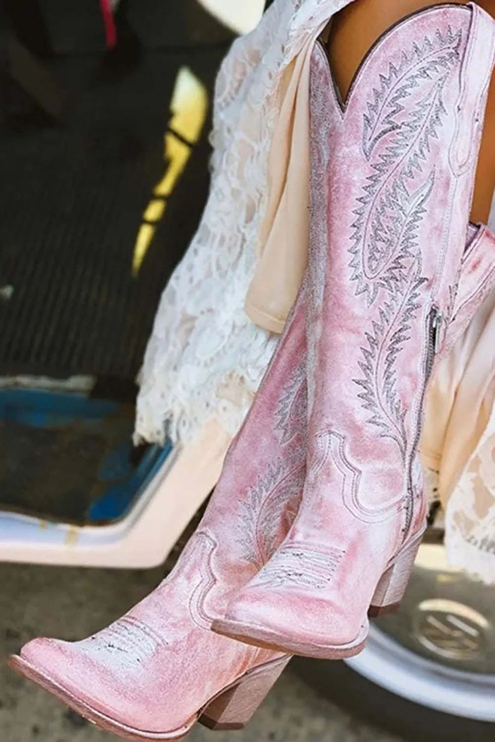 Dusty Rose Embroidered Boho Calf Cowgirl Mid Boots