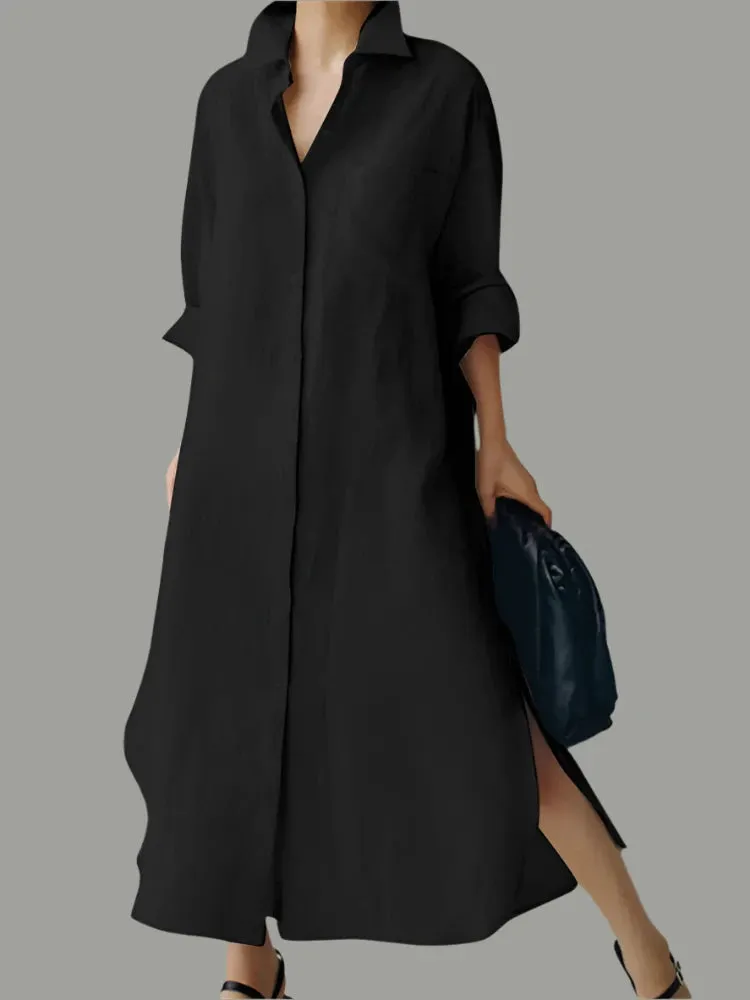 Elegant Lapel Neck Long Sleeve Shirtdress