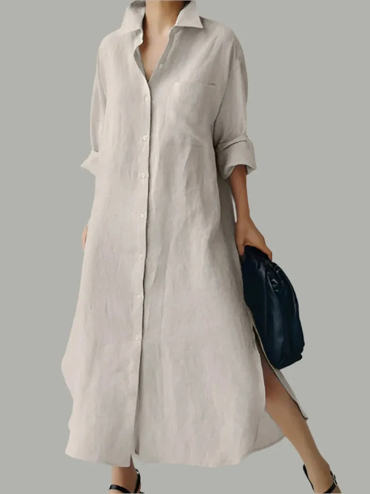 Elegant Lapel Neck Long Sleeve Shirtdress