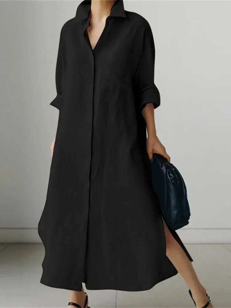 Elegant Lapel Neck Long Sleeve Shirtdress