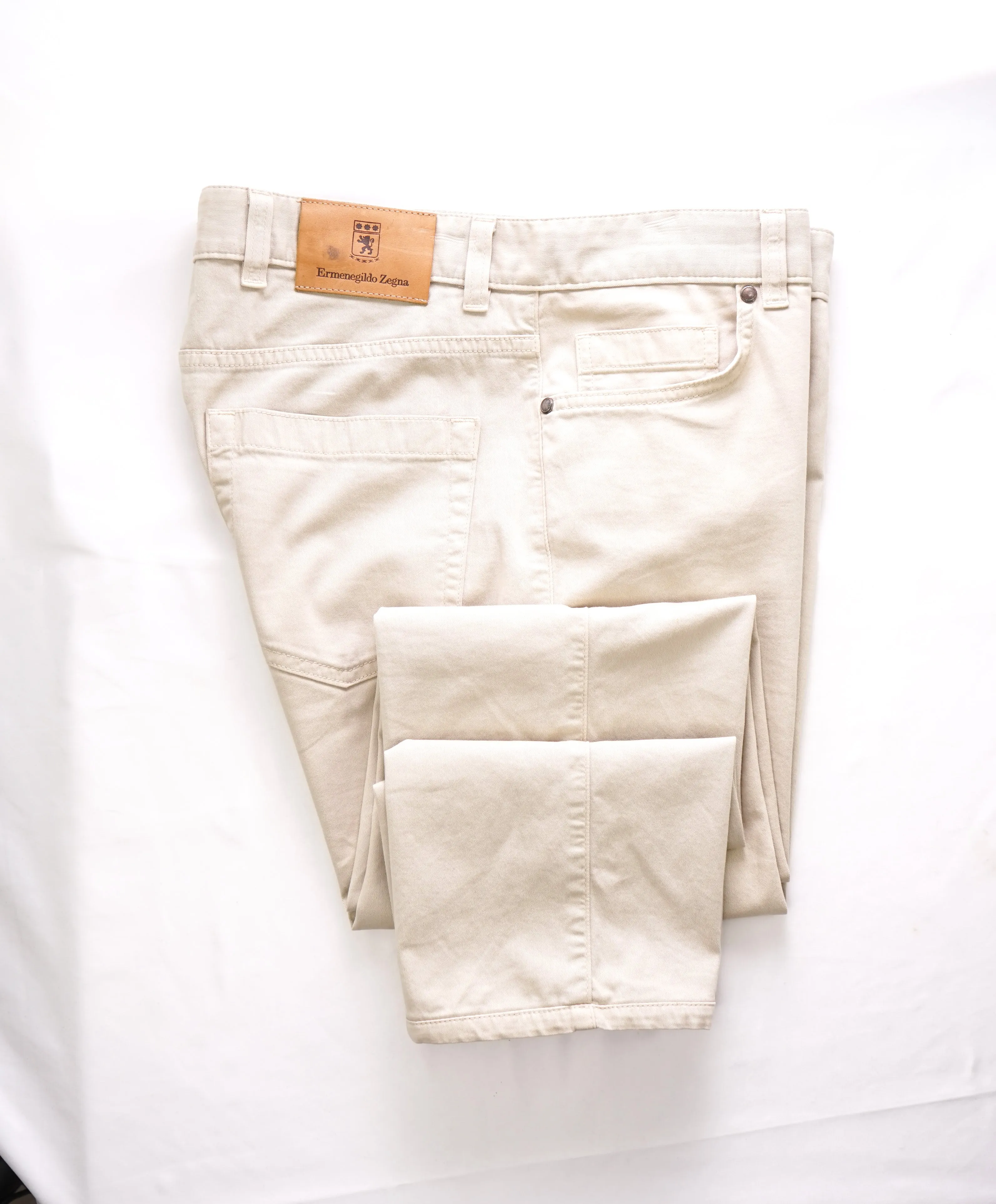 ERMENEGILDO ZEGNA - Beige 5-Pocket Twill Weave Logo Pants - 36W