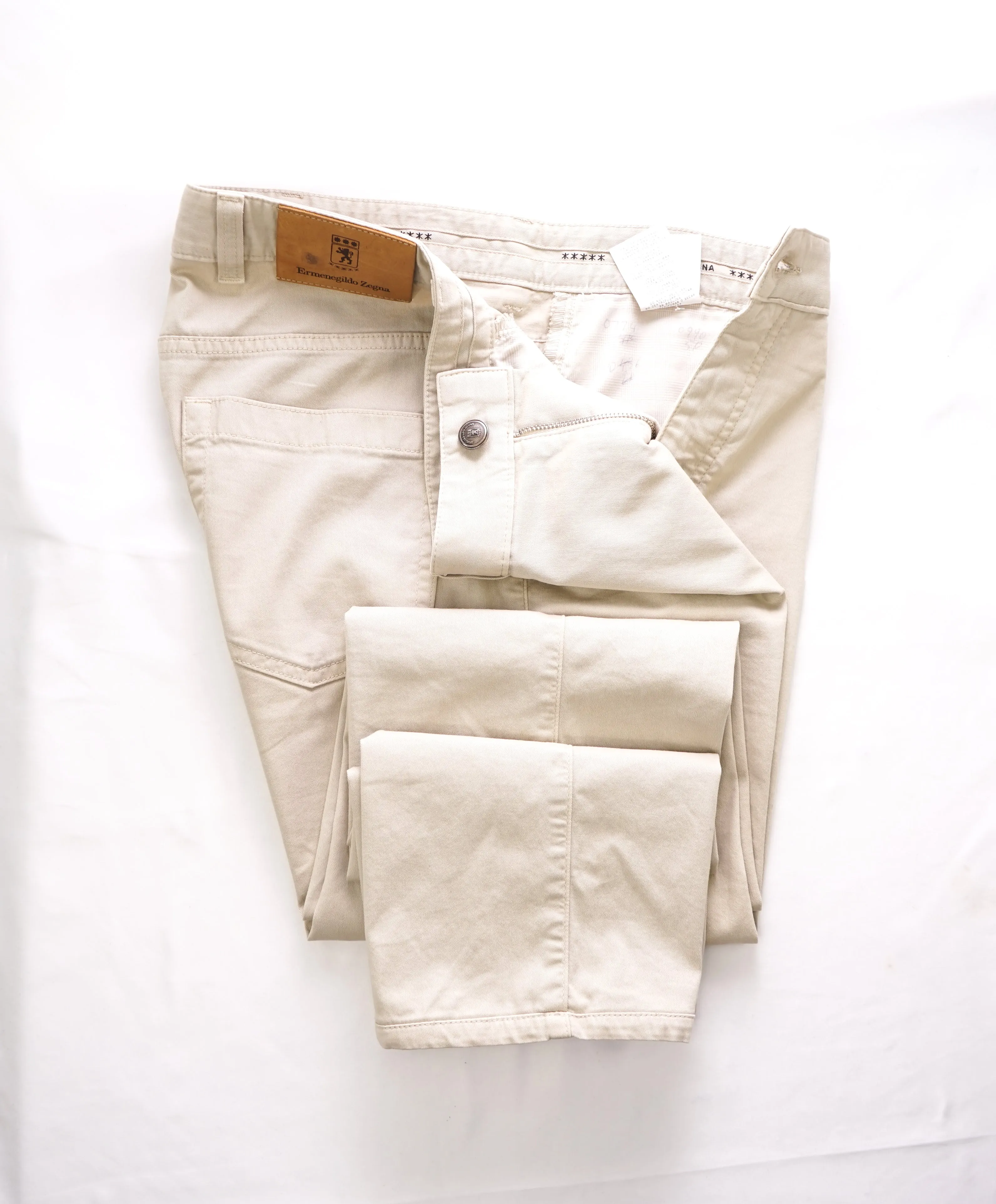ERMENEGILDO ZEGNA - Beige 5-Pocket Twill Weave Logo Pants - 36W