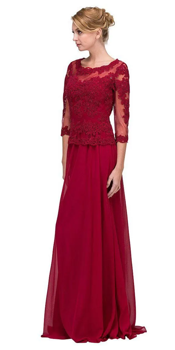 Eureka 7909 Appliqued Long Formal Dress Mid-Length Sleeves