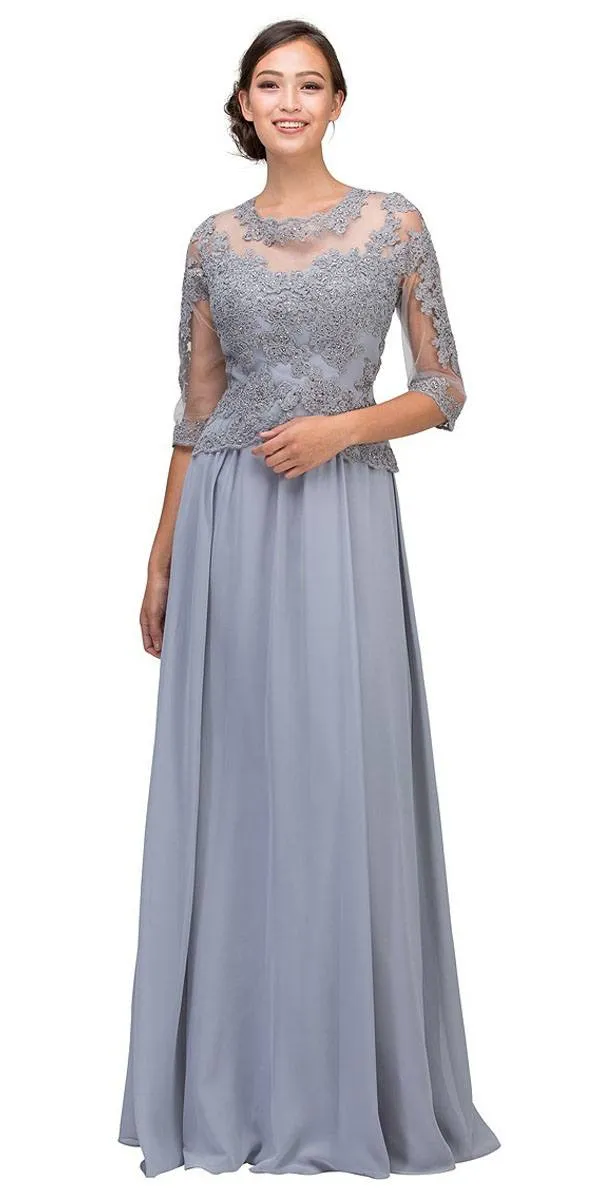 Eureka 7909 Appliqued Long Formal Dress Mid-Length Sleeves