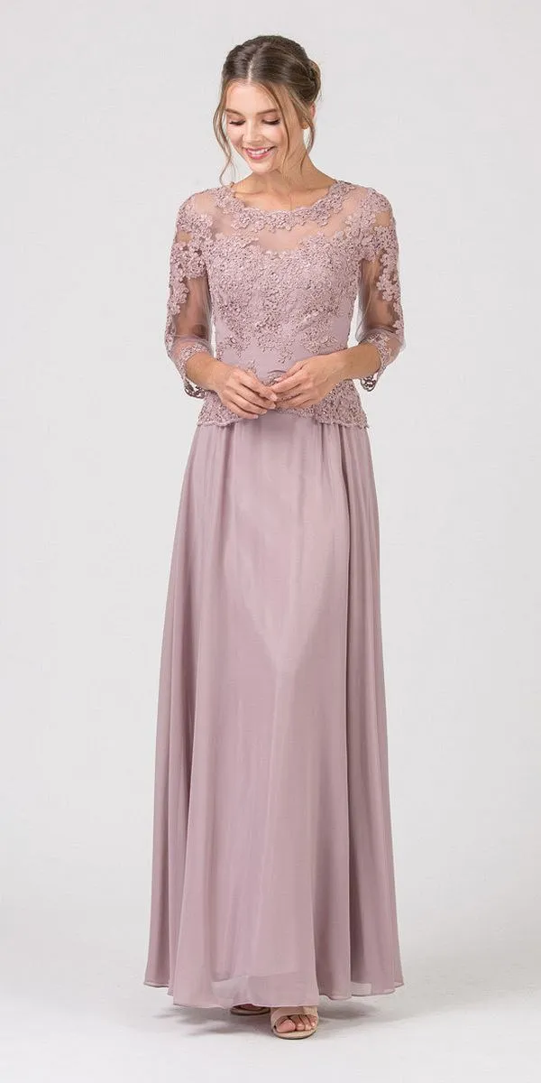 Eureka 7909 Appliqued Long Formal Dress Mid-Length Sleeves