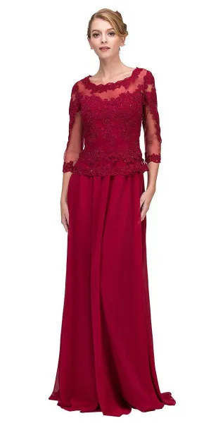 Eureka 7909 Appliqued Long Formal Dress Mid-Length Sleeves