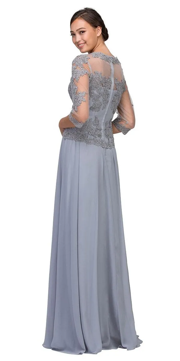 Eureka 7909 Appliqued Long Formal Dress Mid-Length Sleeves