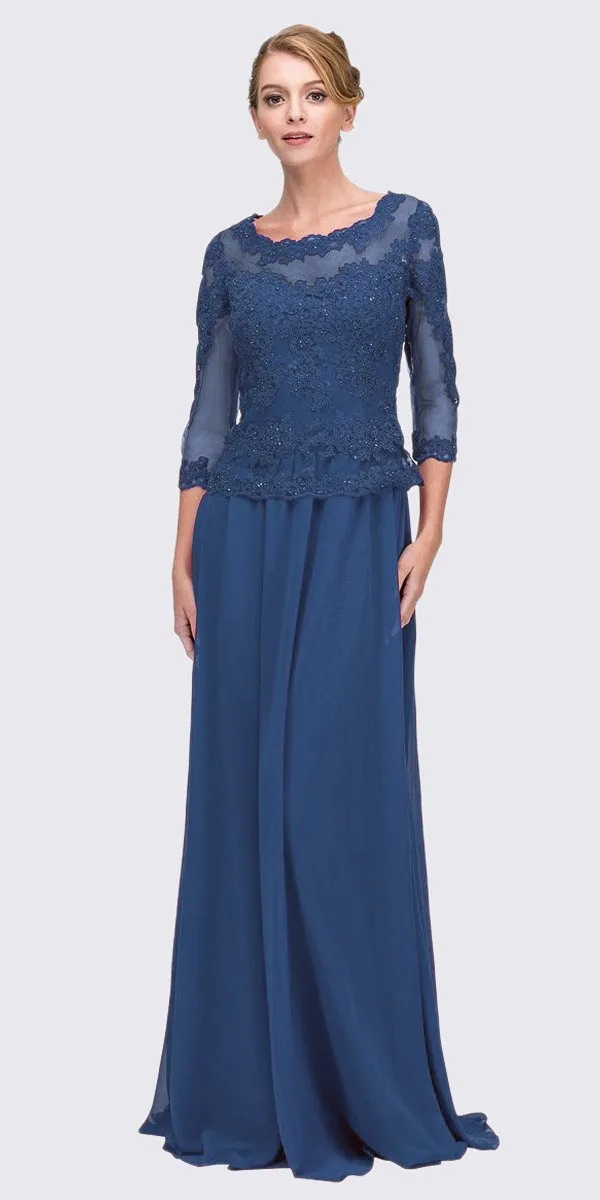 Eureka 7909 Appliqued Long Formal Dress Mid-Length Sleeves