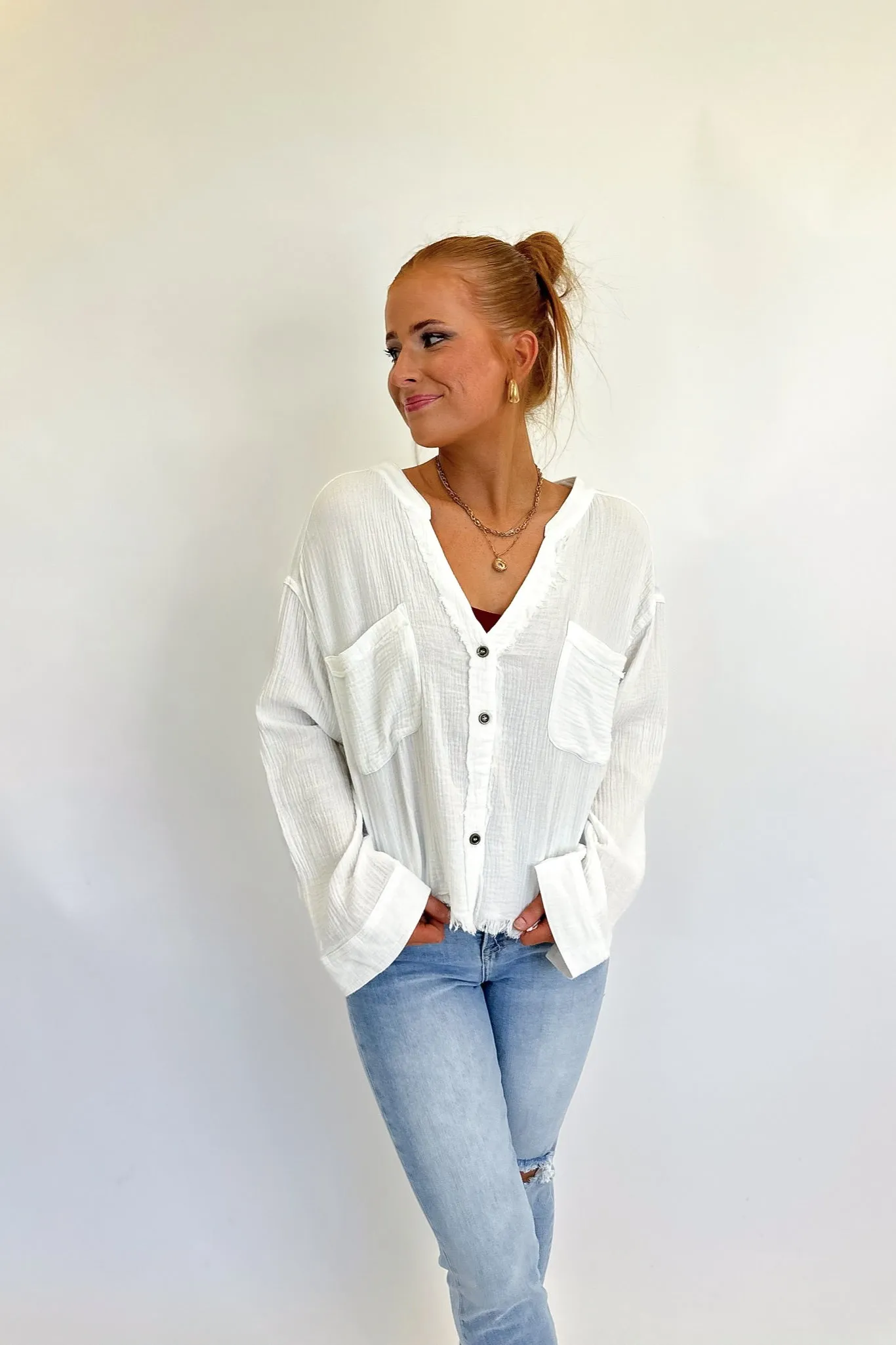 Fall Button Down Top White