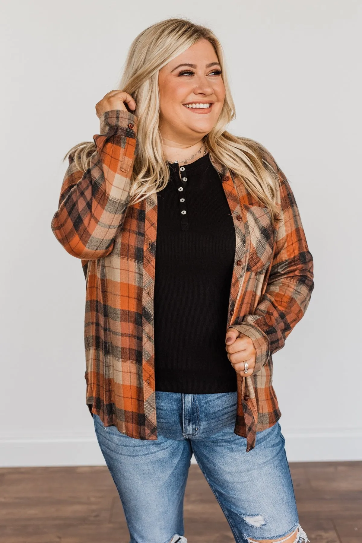 Fall Is Brewing Button Down Plaid Top- Rust & Taupe