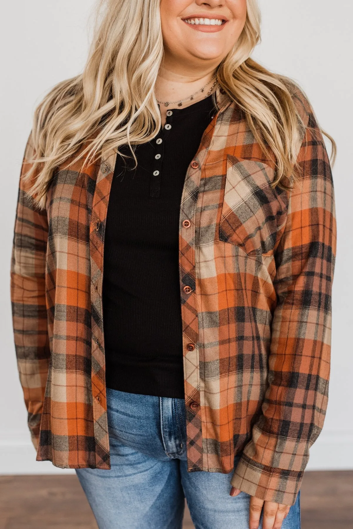 Fall Is Brewing Button Down Plaid Top- Rust & Taupe